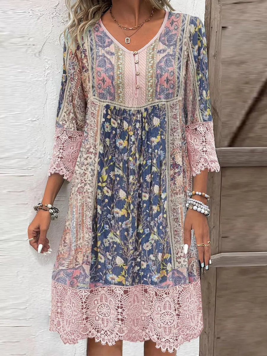 Full Size Floral Lace Trim V Neck Dress Plus Size