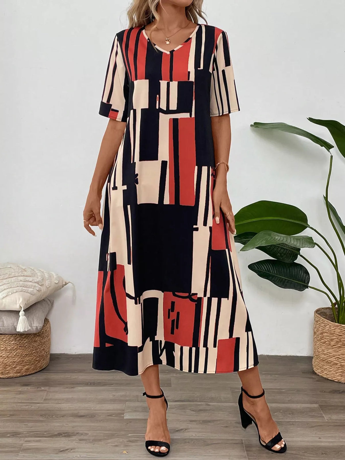 Abstract Geometric Print V Neck Midi Dress