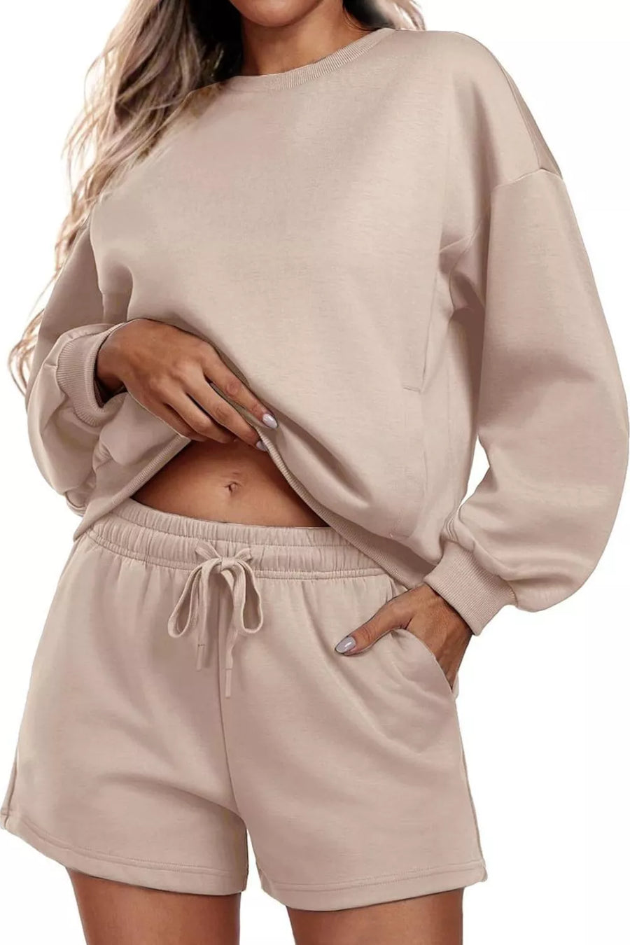 Round Neck Sweatshirt and Shorts Set