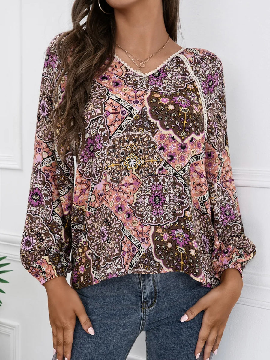 Ivy Lane Lace Detail Printed V Neck Blouse