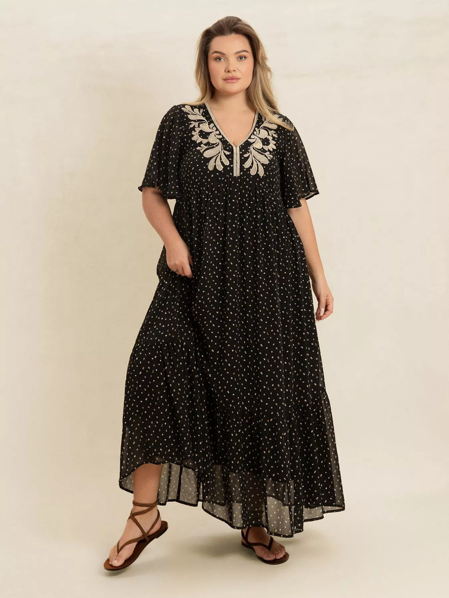 Plus Size Printed V Neck Flutter Sleeve Maxi Dress