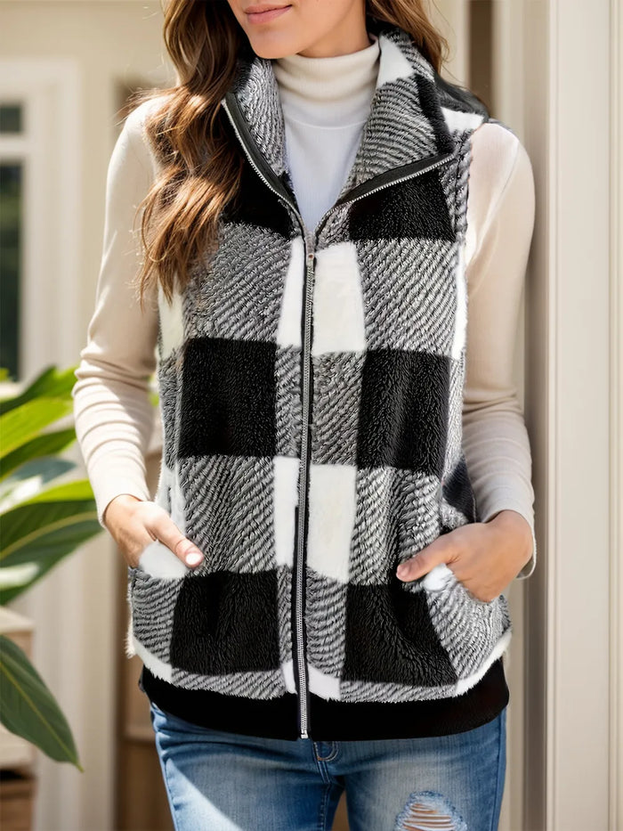Pocketed Plaid Zip-Up Vest