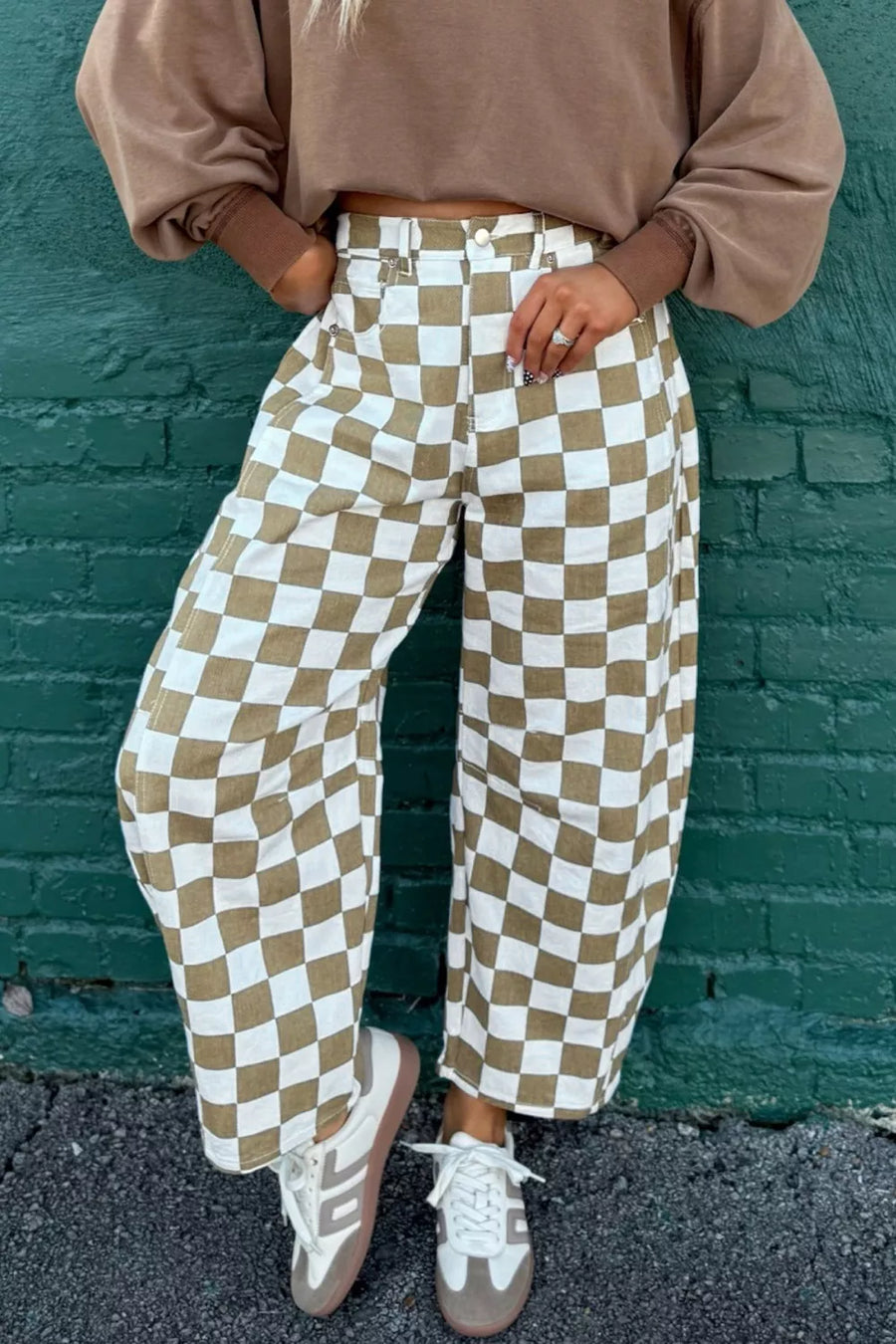 Checkered Print Denim Barrel Pants