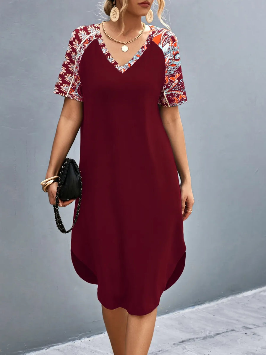 Printed V Neck Short Sleeve Dress