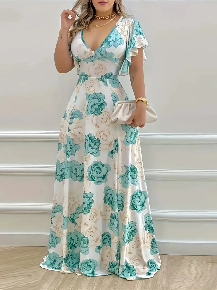 Plus Size Floral Print V Neck Maxi Dress with Flutter Sleeves