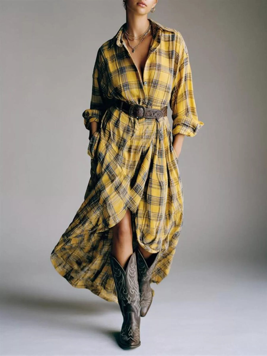Full Size Plaid High Low Long Sleeve Shirt Dress Plus Size