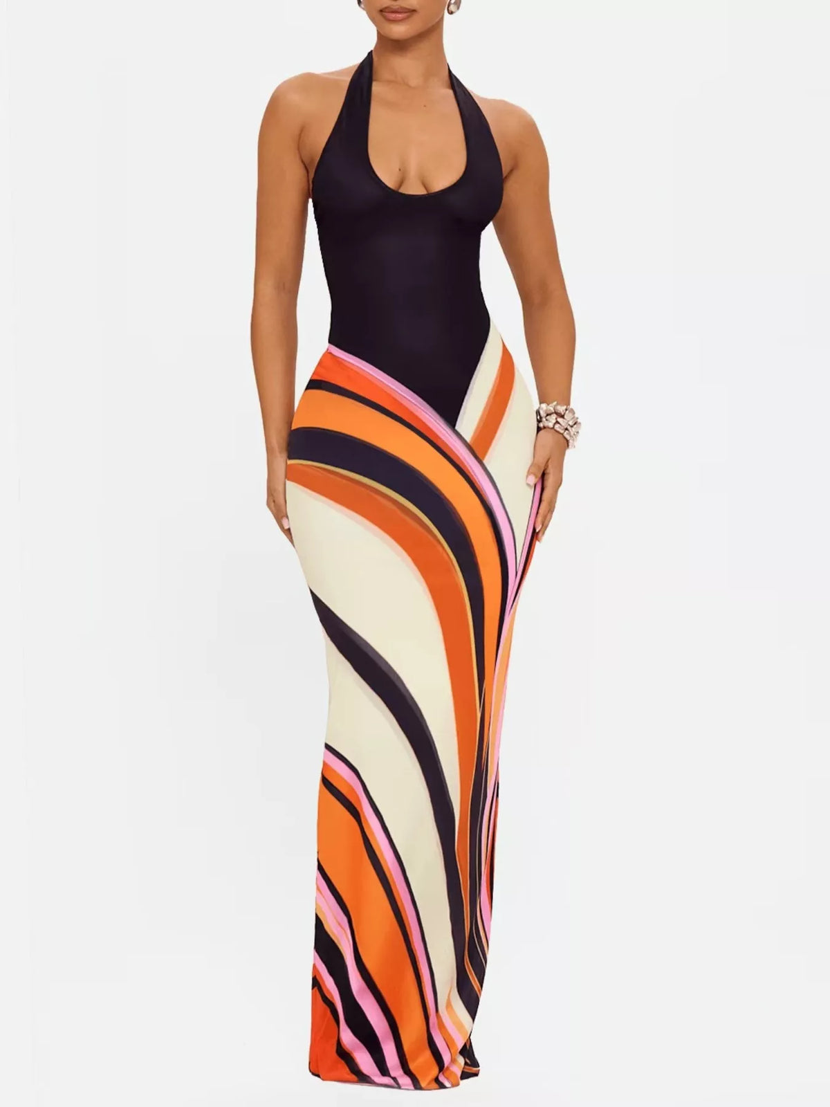 Abstract Print Halter Maxi Dress