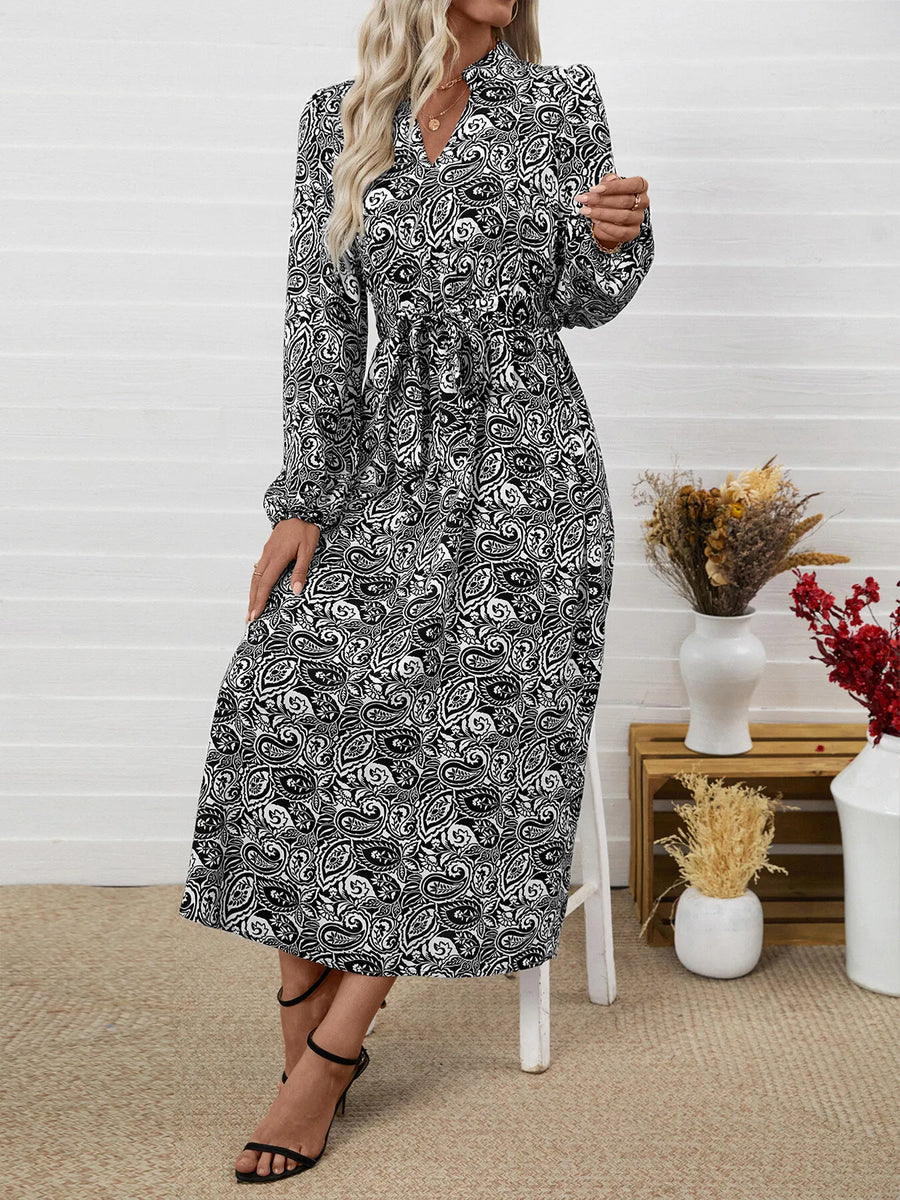 Paisley Print Long Sleeve Midi Dress
