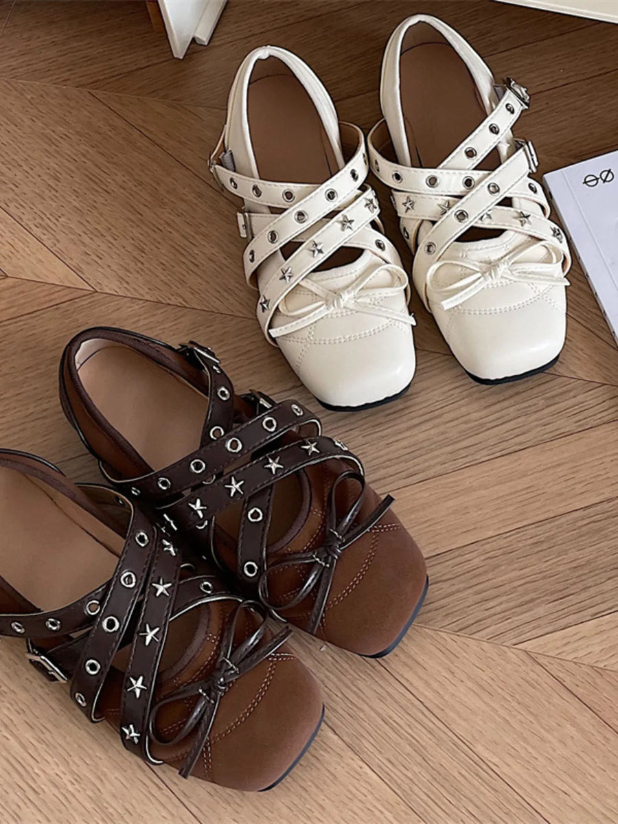 Studded Strappy Bow Slip Ons