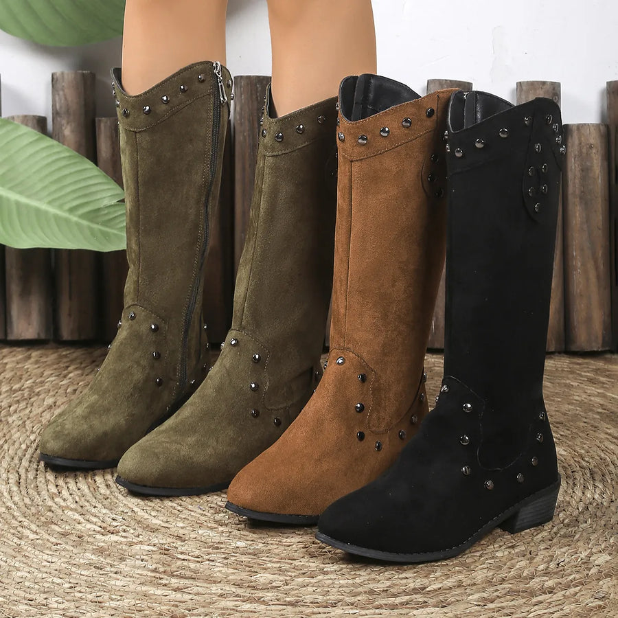 Studded Mid-Calf Boots with Side Zipper Closure