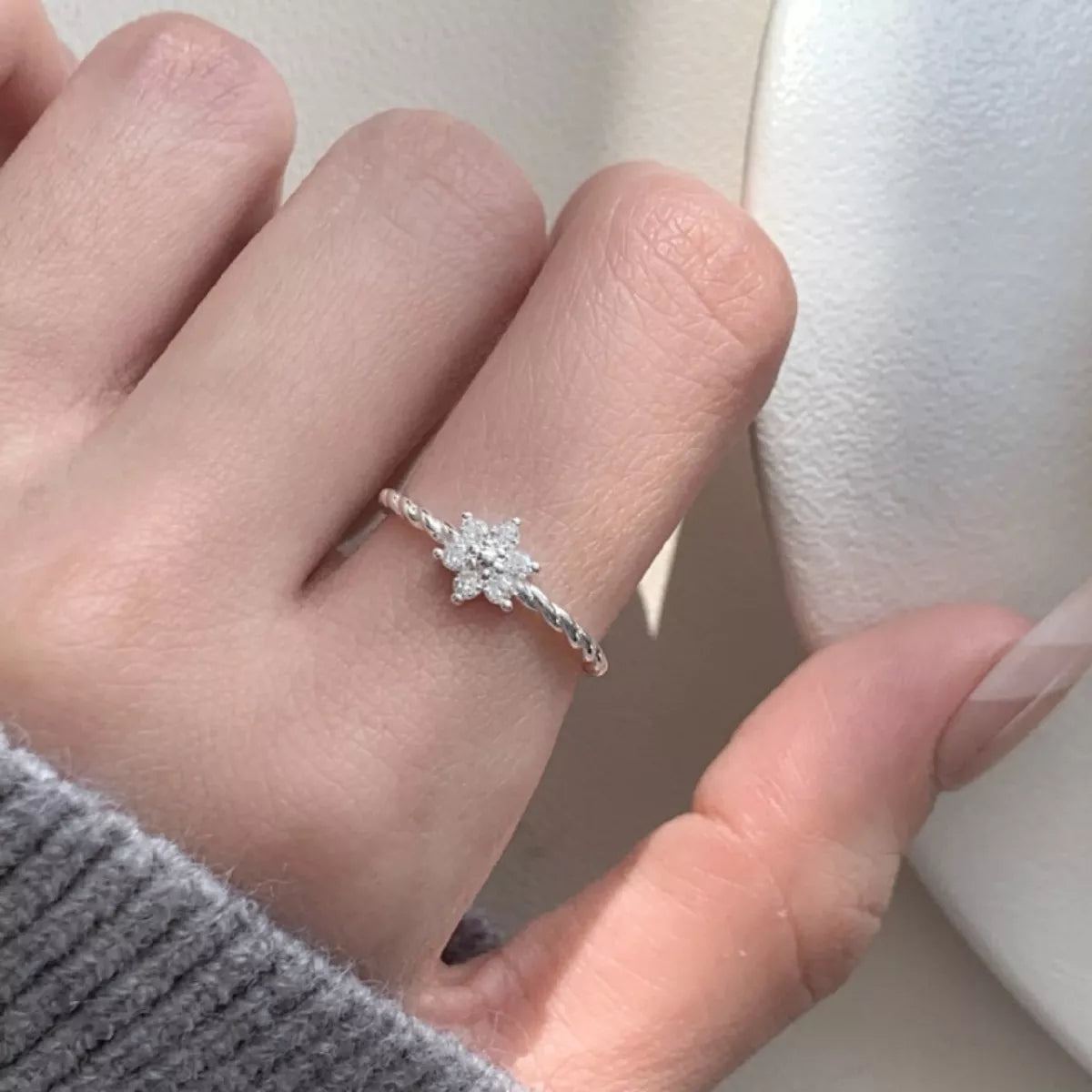925 Sterling Silver Zircon Flower Open Ring