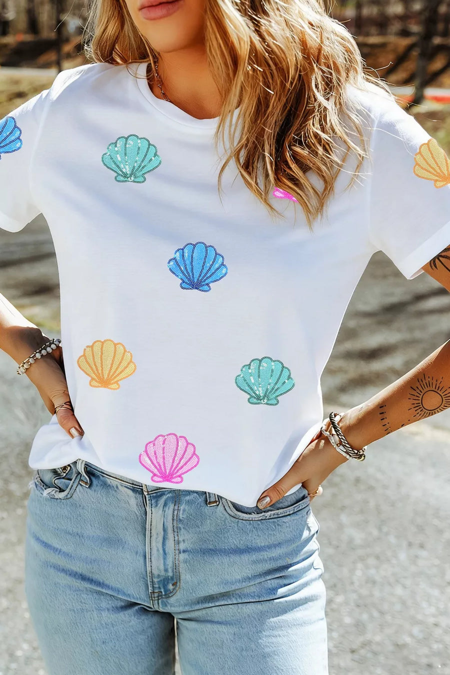 Sequin Shell Graphic Summer Loose T-Shirt