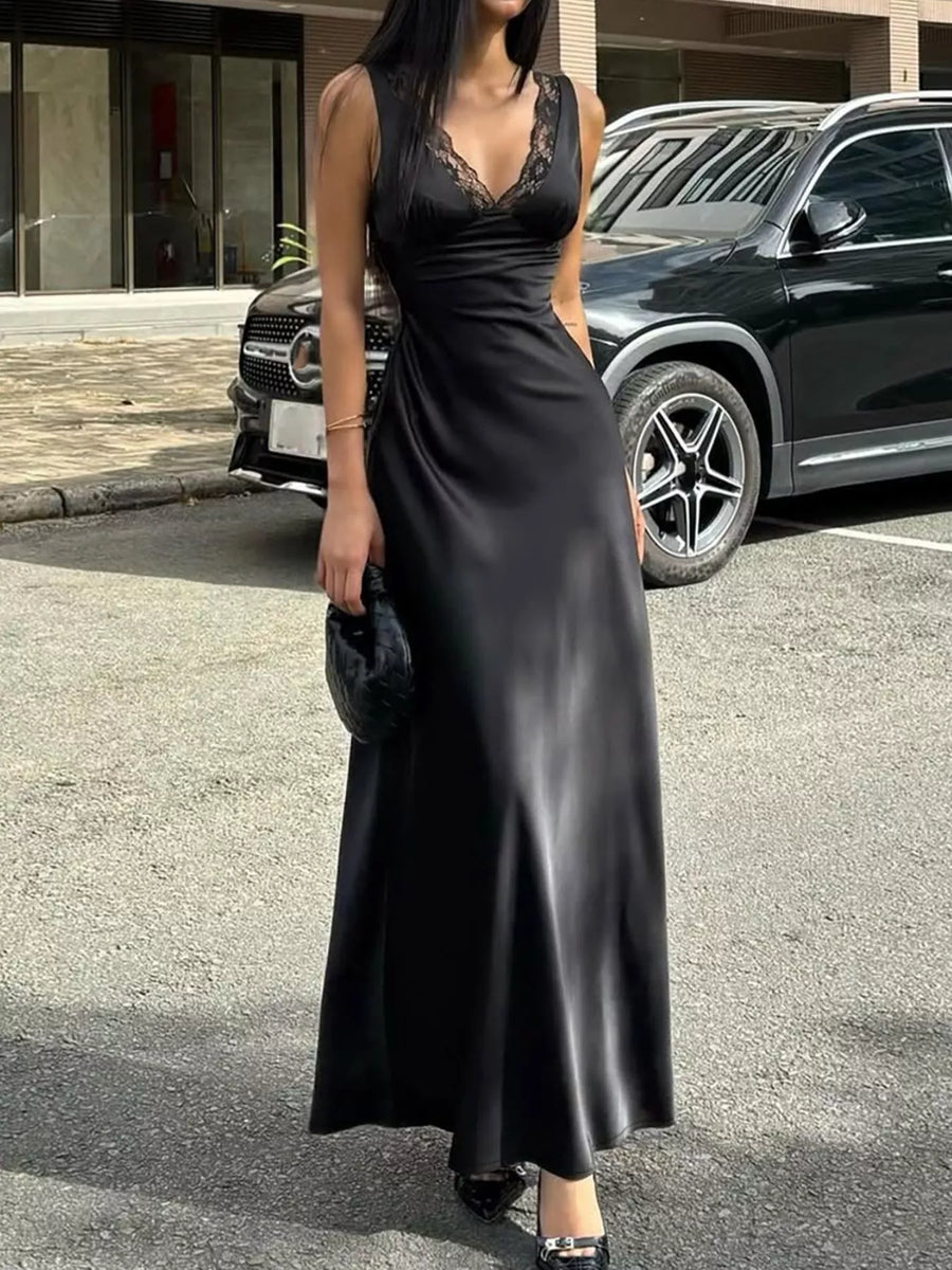 Lace Trim V Neck Sleeveless Maxi Dress