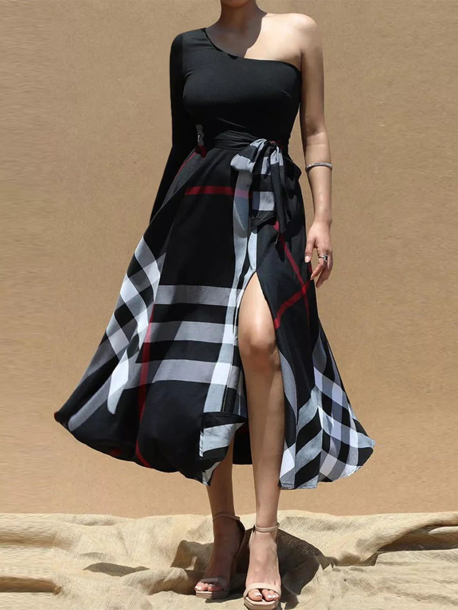 Asymmetrical One Sleeve Plaid Midi Dress with Waist Tie