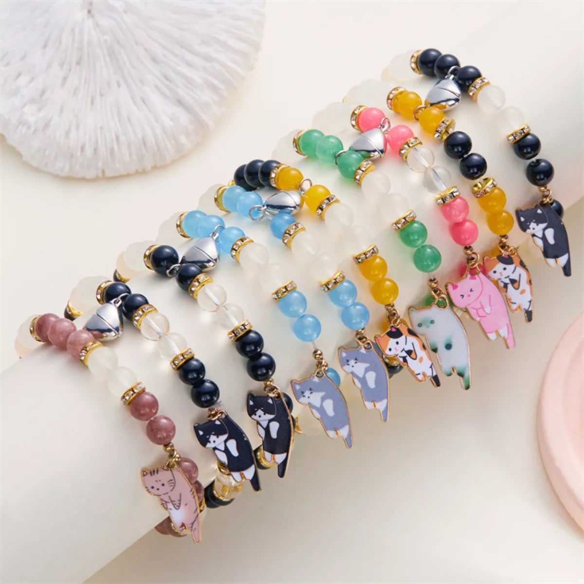 2 Piece Beaded Cat Charm Bracelet