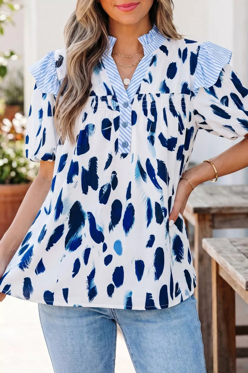 Abstract Print Ruffle Trim V Neck Blouse