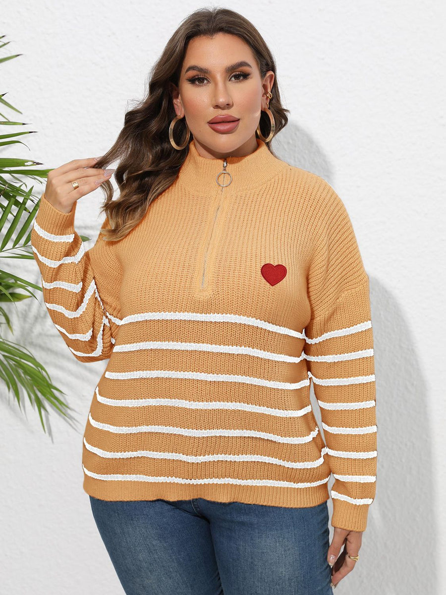 Plus Size Zip Up Striped Sweater