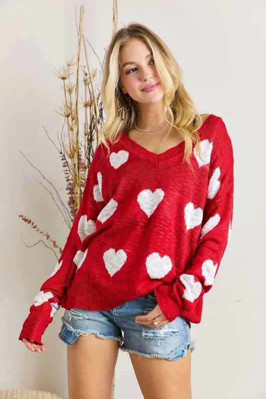 ADORA Full Size Heart V Neck Knit Top Plus Size