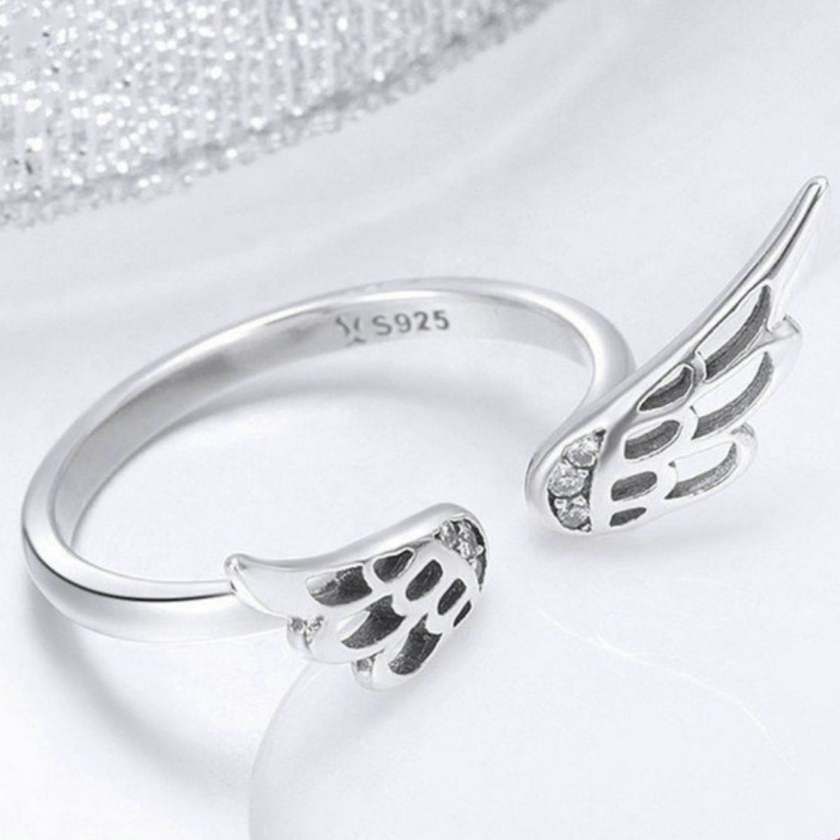 925 Sterling Silver Zircon Angel Wing Open Ring