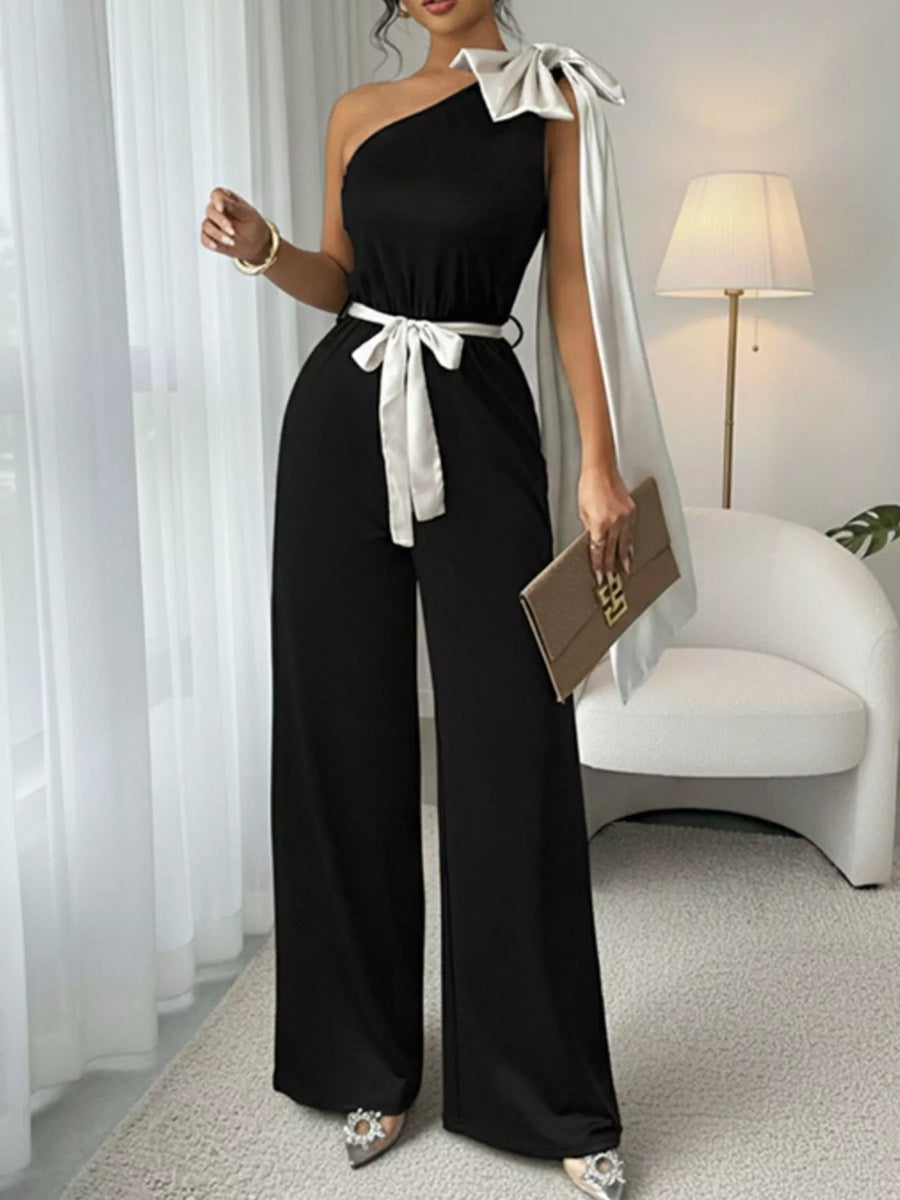 One Shoulder Bowknot Wide Leg Jumpsuit