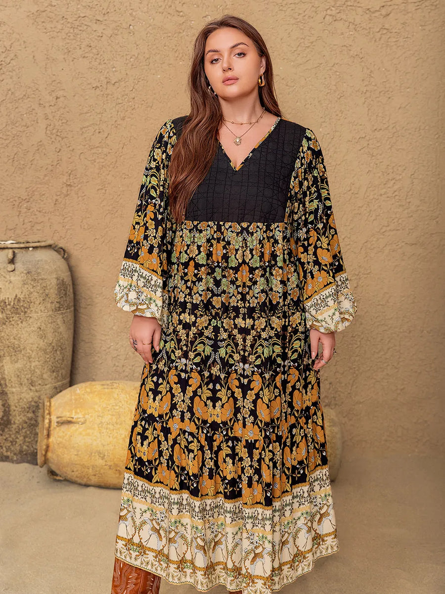 Plus Size Floral V Neck Balloon Sleeve Midi Dress