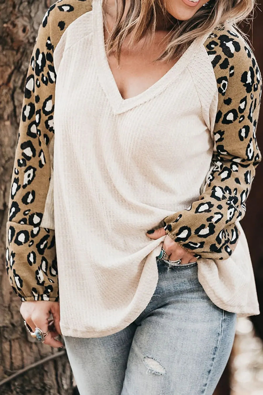 Plus Size Leopard V Neck Raglan Sleeve Blouse