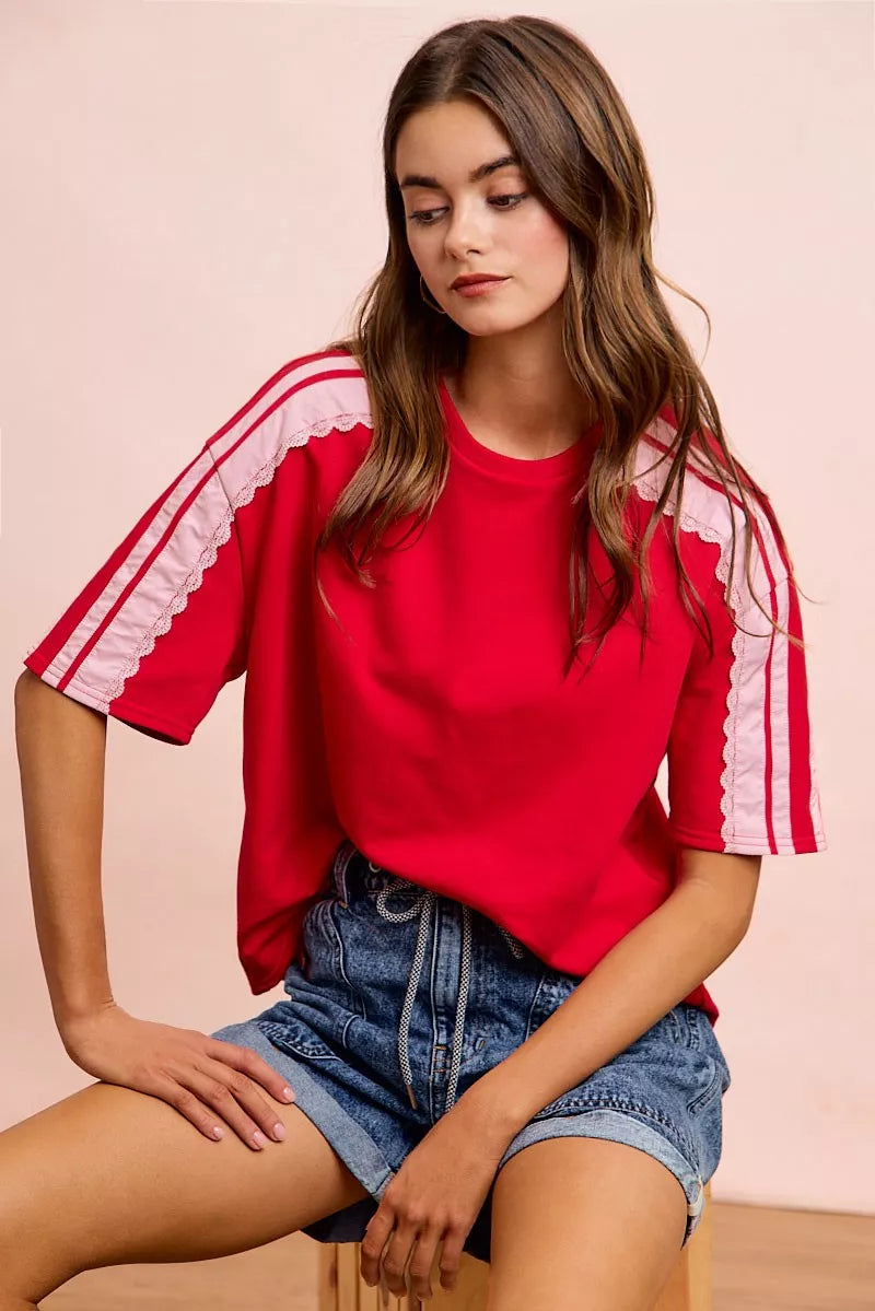BiBi French Terry Side Lace Short Sleeve Top