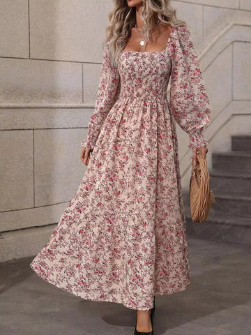 Floral Print Square Neck Smocked Midi Dress