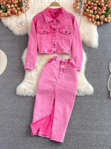 Button Up Jacket and Slit Skirt Denim Set