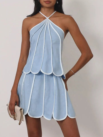 Contrast Trim Halter Top & Skirt Set