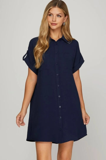 She + Sky Full Size Button Front Short Sleeve Woven Shirt Dress Plus Size