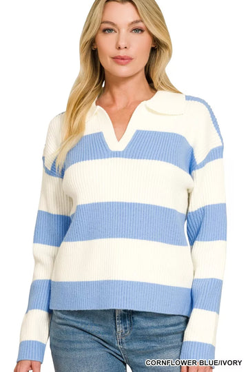 Zenana Striped Collared Sweater