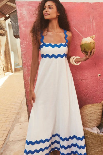 Contrast Trim Square Neck Wide Strap Maxi Dress