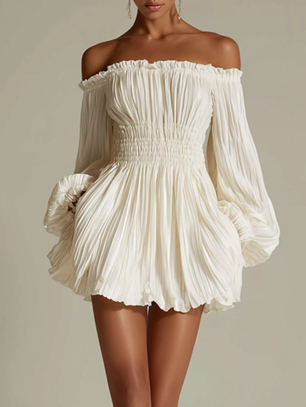 Off-Shoulder Pleated Mini Dress