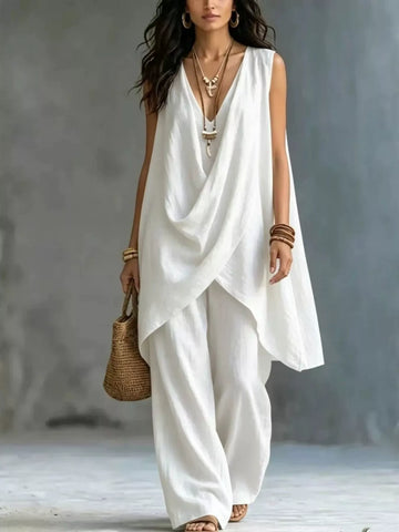 Sleeveless Asymmetrical Top and Wide Leg Pants Set