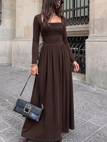 Ruched Square Neck Long Sleeve Maxi Dress