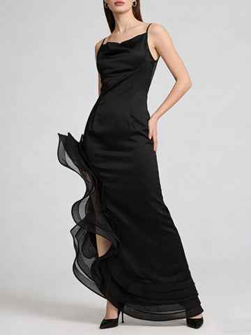 Spaghetti Strap Ruffle Slit Maxi Dress