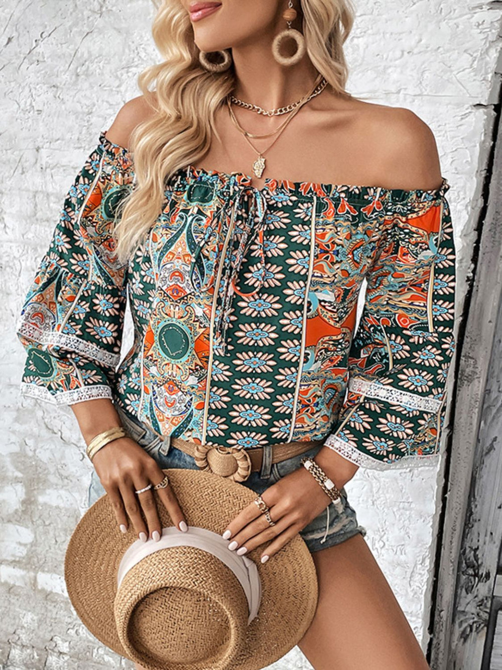 Perfee Printed Frill Trim Off Shoulder Blouse