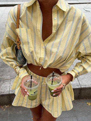 Striped Button Up Shirt & Shorts Set