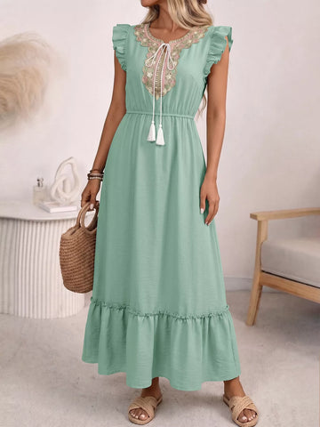 Tie Neck Ruffle Sleeve Maxi Dress