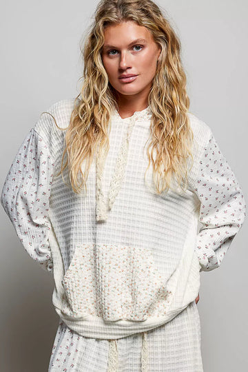 POL Mixed Knit Contrast Print Sleeve Hoodie with Kangaroo Pocket