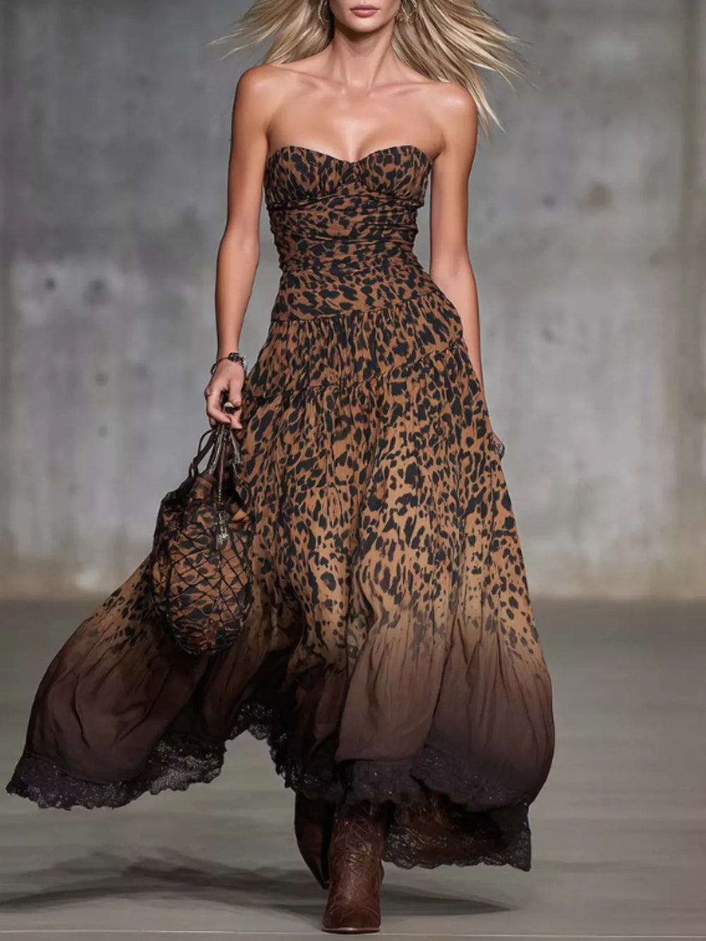 Strapless Leopard Print Maxi Dress
