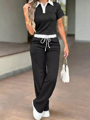 Contrast Polo Collar Top and Pants Set