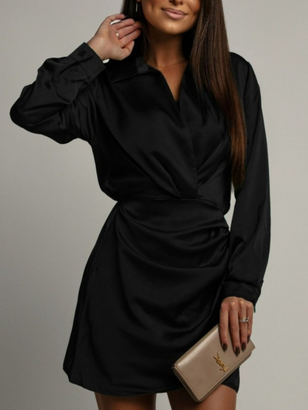 Collared Neck Long Sleeve Satin Mini Dress