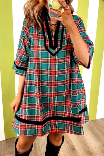 Plaid Velvet Trim Pockets Short Shift Dress