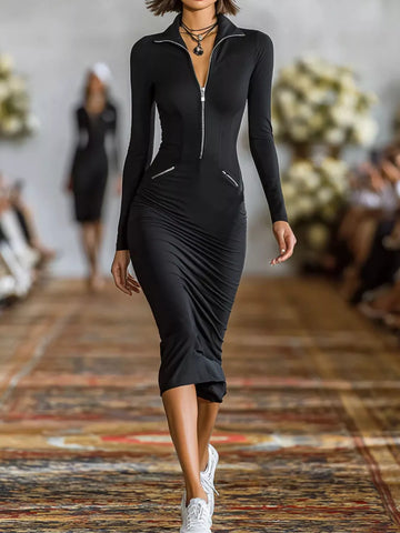 Full Size Zip-Front Bodycon Midi Dress Plus Size
