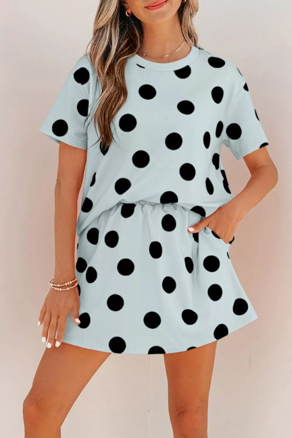 Polka Dot Short Sleeve Top Casual Skort 2pcs Outfit