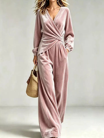 Velvet Wrap-Front Top and Pants Set