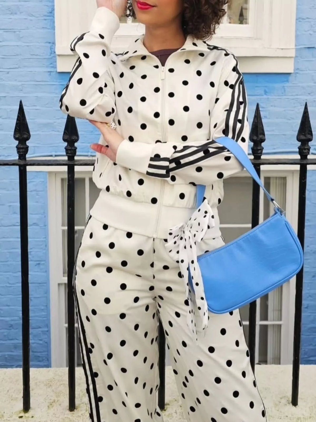 Polka Dot Zip Up Outerwear and Pants Set