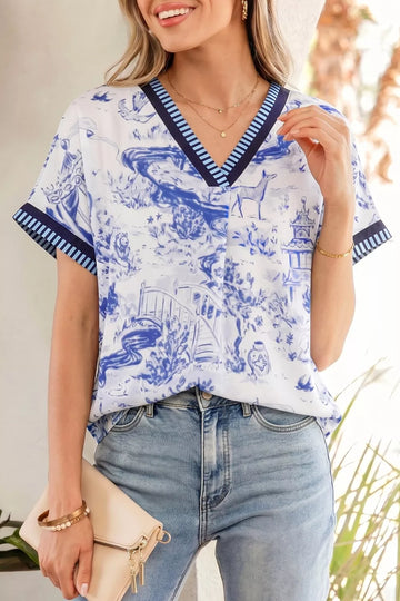 Printed Striped Trim V Neck Blouse